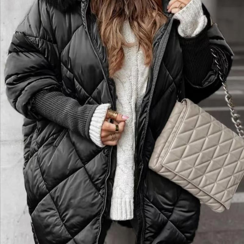 Manteau Parka Mi-long avec Manches Tricotées en Patchwork pour Femmes