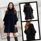 Robe Noire Plissée Élégante avec Manches Lanternes pour Femmes