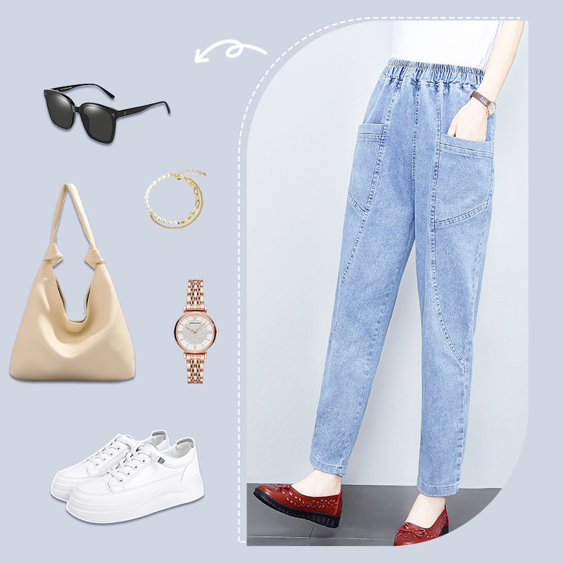 Pantalon droit en jean taille haute élastique pour femme