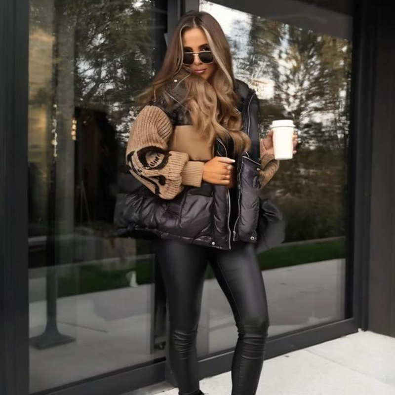 🔥Pré-réchauffement hivernal - Remises énormes🔥Blouson bouffant à capuche à manches en tricot patchwork pour femme