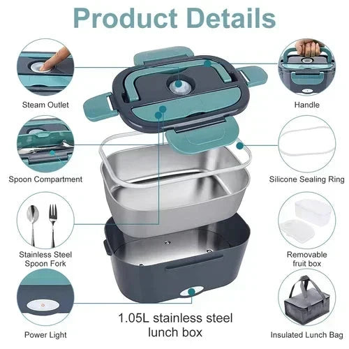 🍱 50% DE RÉDUCTION ! ⚡ Ensemble Boîte à Lunch 2-en-1 – Acier Inoxydable & Plastique – 60W Double Tension & 1,5L for Repas Chauds