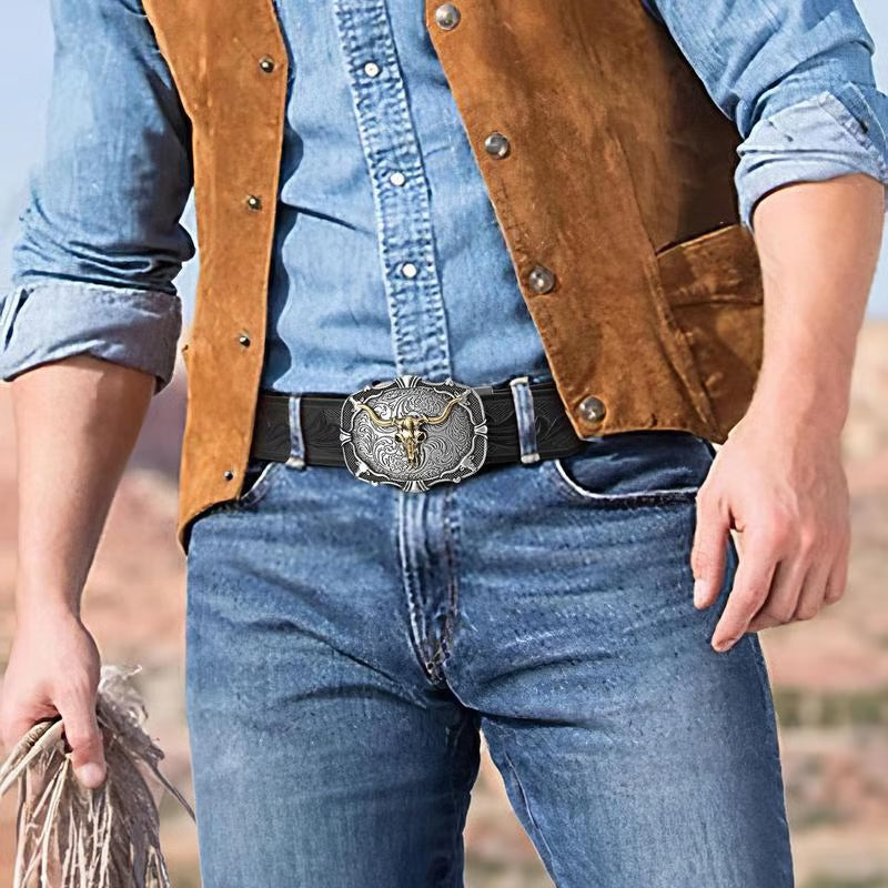 ♉Ceinture en cuir embossé tête de taureau rétro pour homme