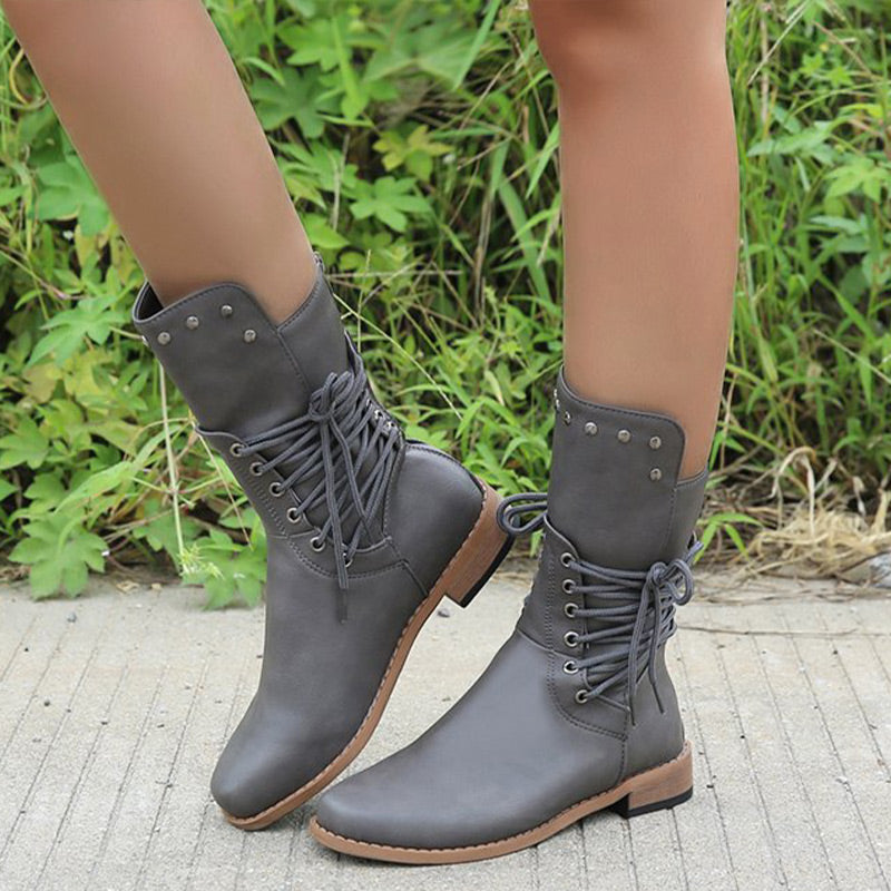 Bottines à Lacets à Talon Bas et à Bout Rond pour Femmes
