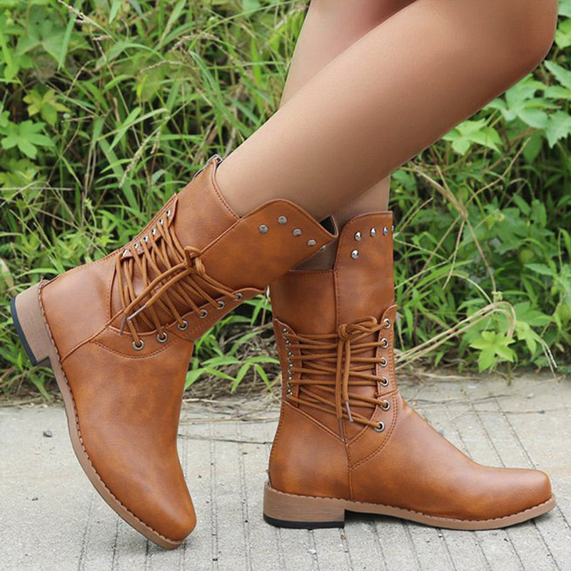 Bottines à Lacets à Talon Bas et à Bout Rond pour Femmes