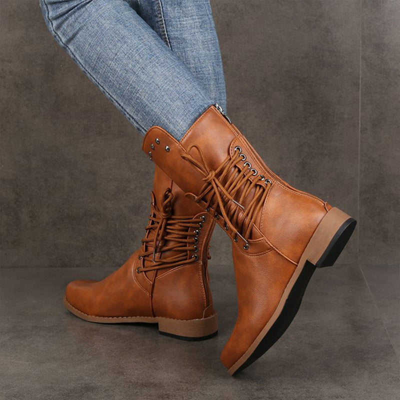 Bottines à Lacets à Talon Bas et à Bout Rond pour Femmes