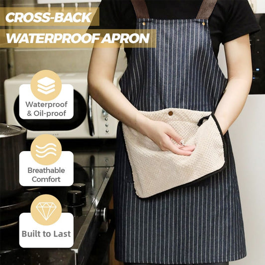 Tablier imperméable à bretelles croisées avec serviette à main amovible