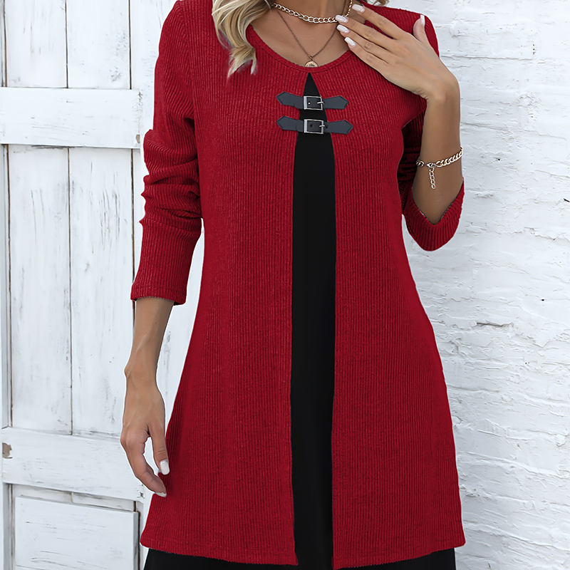 🔥50 % de réduction✨Robe deux-pièces fausse A-line mi-longue🌸Silhouette flatteuse, texture côtelée & détails en simili cuir👗