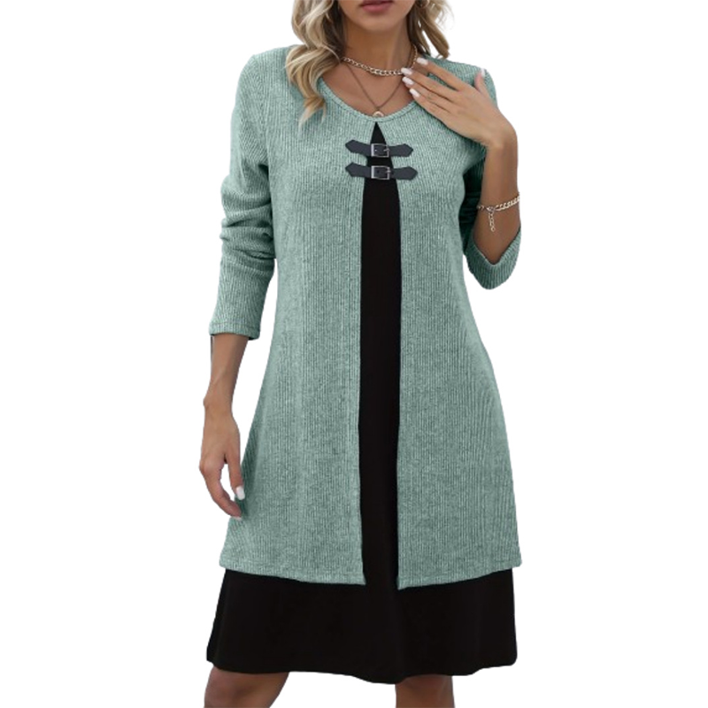 🔥50 % de réduction✨Robe deux-pièces fausse A-line mi-longue🌸Silhouette flatteuse, texture côtelée & détails en simili cuir👗