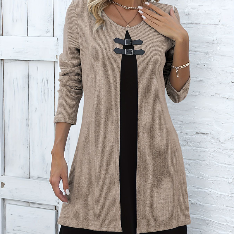 🔥50 % de réduction✨Robe deux-pièces fausse A-line mi-longue🌸Silhouette flatteuse, texture côtelée & détails en simili cuir👗