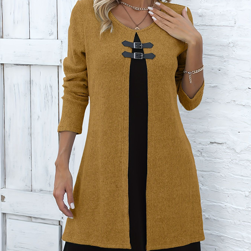 🔥50 % de réduction✨Robe deux-pièces fausse A-line mi-longue🌸Silhouette flatteuse, texture côtelée & détails en simili cuir👗
