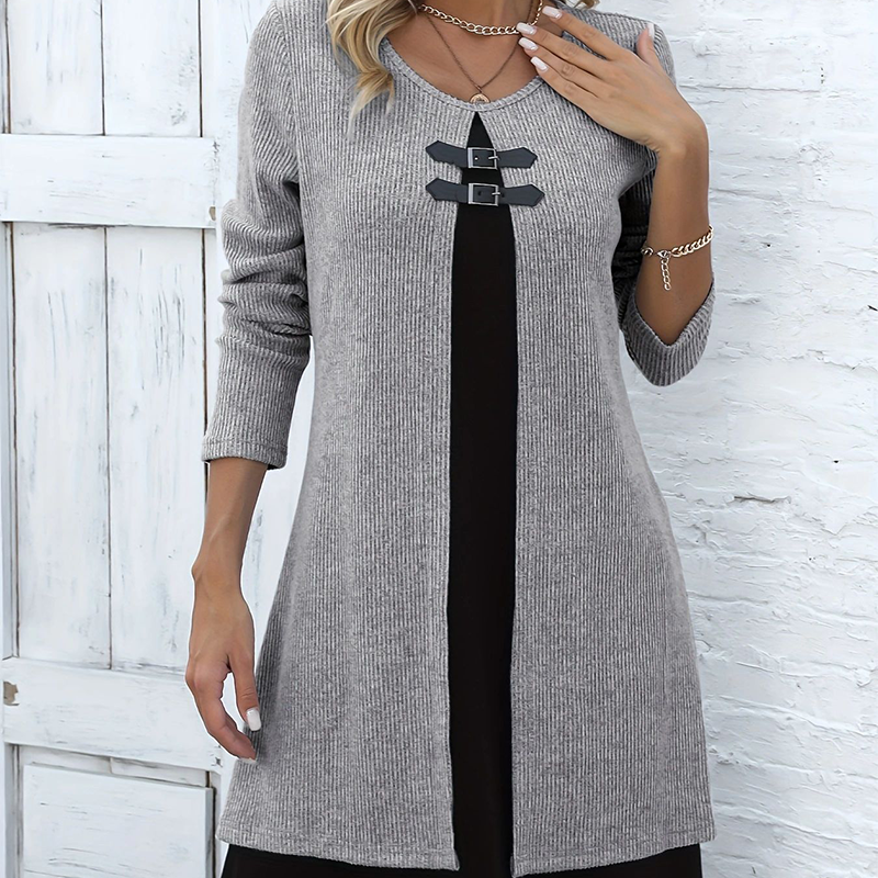 🔥50 % de réduction✨Robe deux-pièces fausse A-line mi-longue🌸Silhouette flatteuse, texture côtelée & détails en simili cuir👗