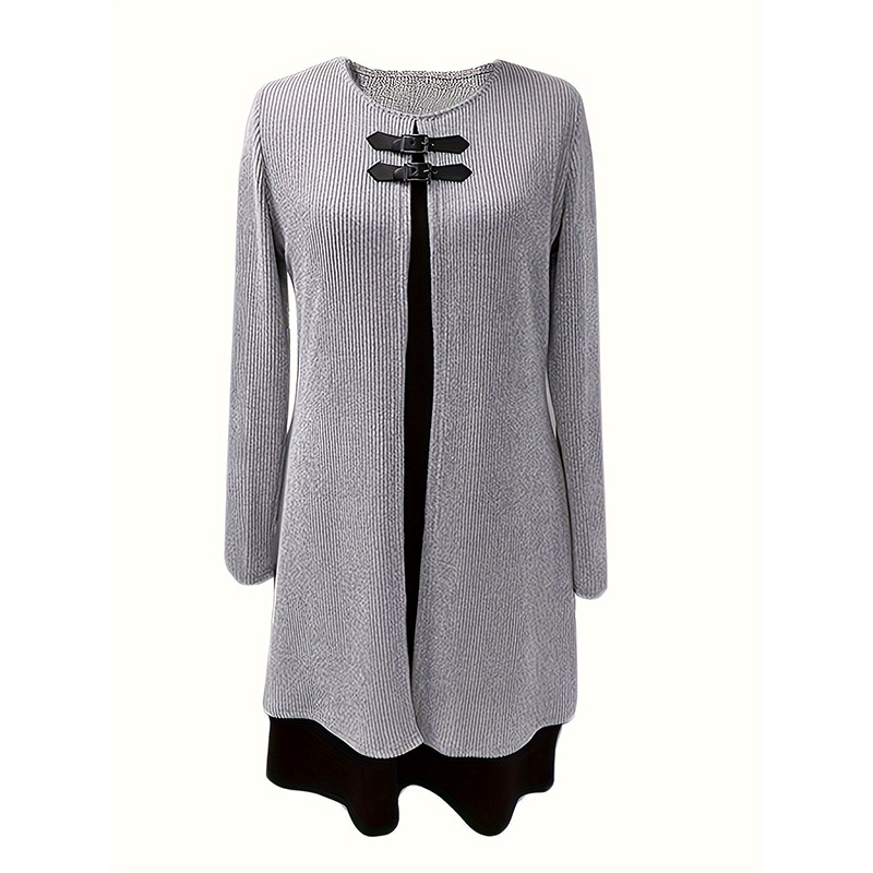 🔥50 % de réduction✨Robe deux-pièces fausse A-line mi-longue🌸Silhouette flatteuse, texture côtelée & détails en simili cuir👗