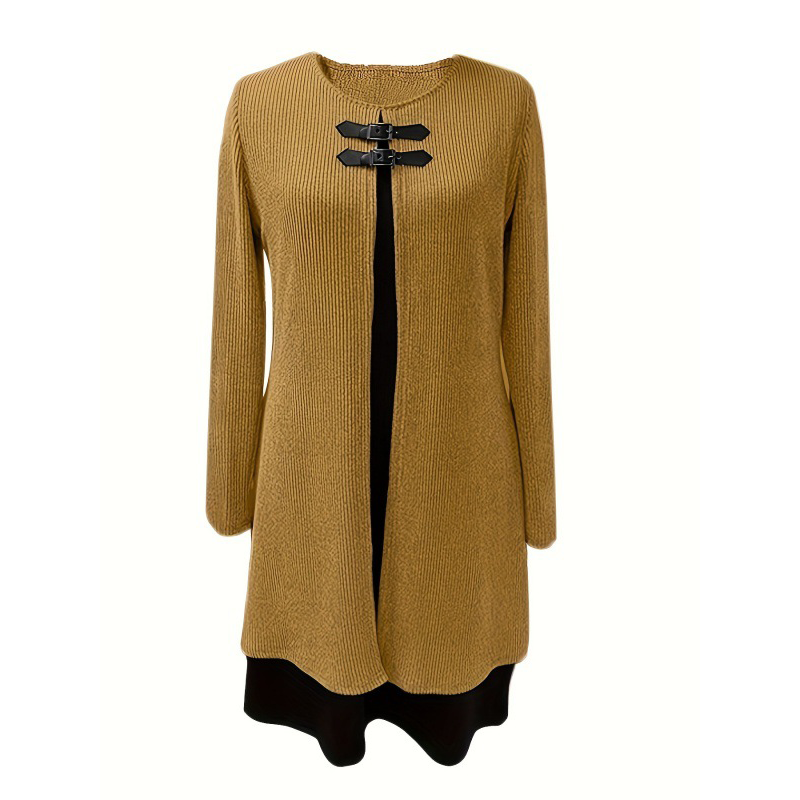 🔥50 % de réduction✨Robe deux-pièces fausse A-line mi-longue🌸Silhouette flatteuse, texture côtelée & détails en simili cuir👗