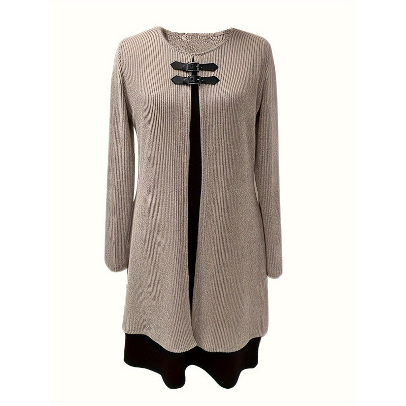 🔥50 % de réduction✨Robe deux-pièces fausse A-line mi-longue🌸Silhouette flatteuse, texture côtelée & détails en simili cuir👗