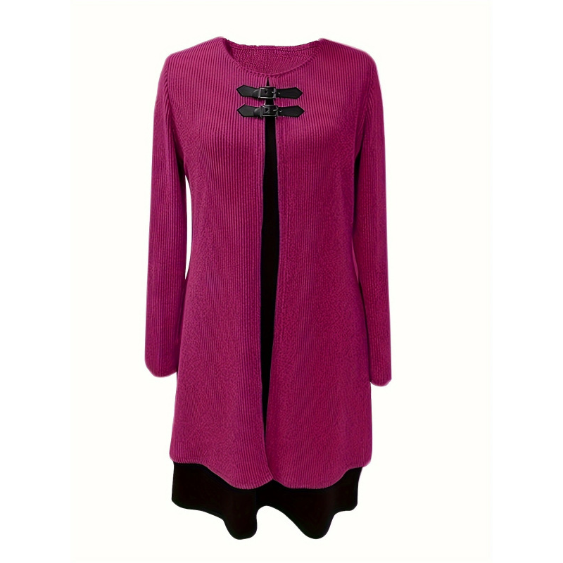 🔥50 % de réduction✨Robe deux-pièces fausse A-line mi-longue🌸Silhouette flatteuse, texture côtelée & détails en simili cuir👗