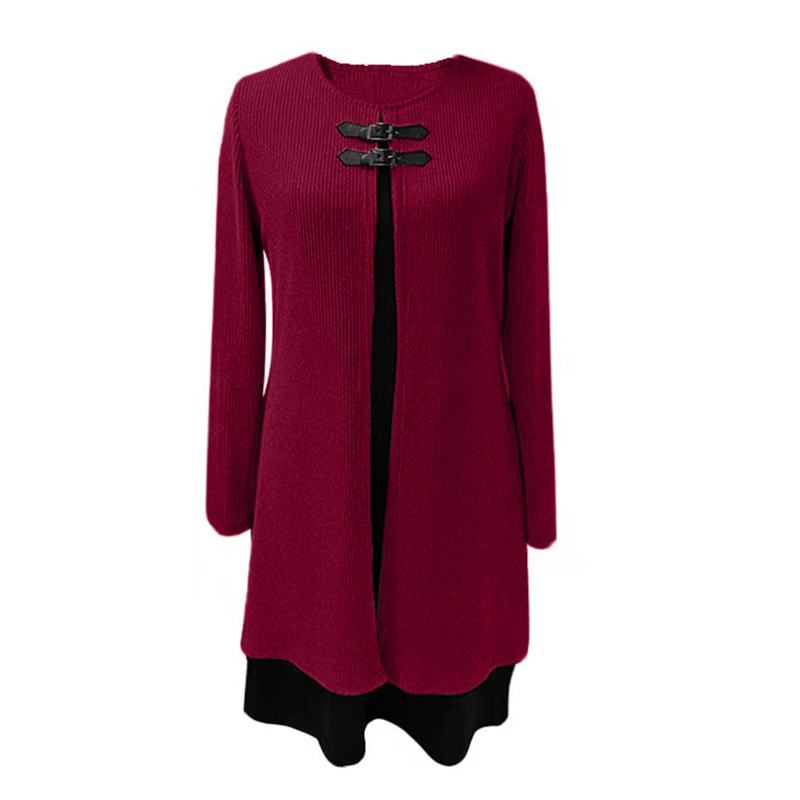 🔥50 % de réduction✨Robe deux-pièces fausse A-line mi-longue🌸Silhouette flatteuse, texture côtelée & détails en simili cuir👗