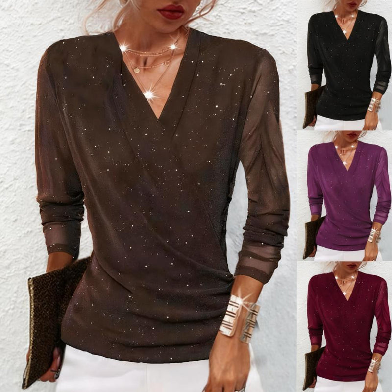 🔥Offres spéciales🌟Haut à manches longues et encolure en V croisée scintillant pour femme