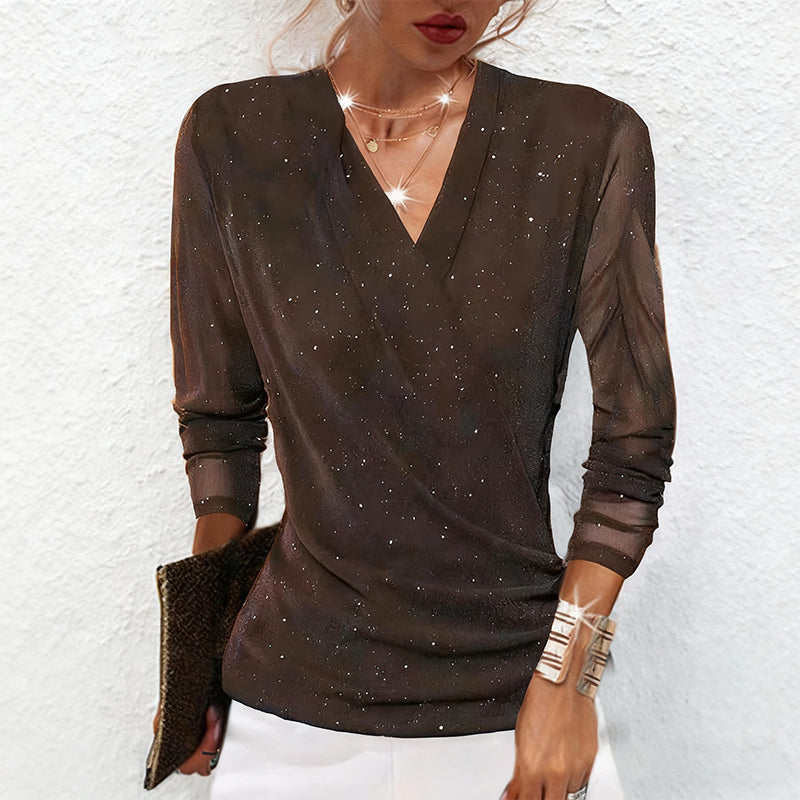 🔥Offres spéciales🌟Haut à manches longues et encolure en V croisée scintillant pour femme
