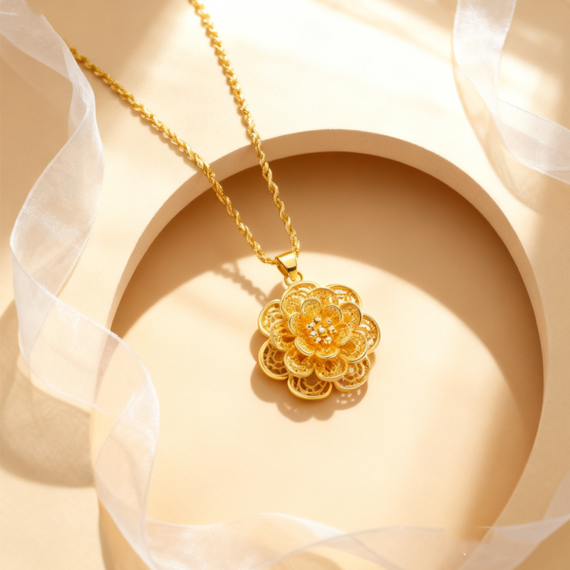Collier élégant à pendentif fleur en ton doré