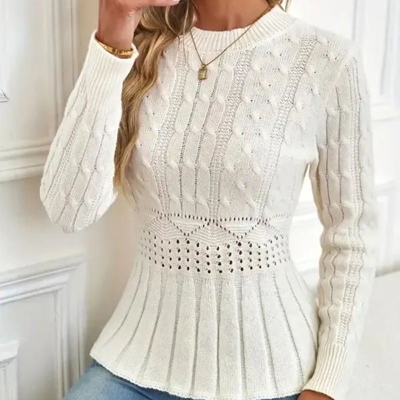 Pull à Col Rond en Grosse Maille avec Bas Péplum pour Femme