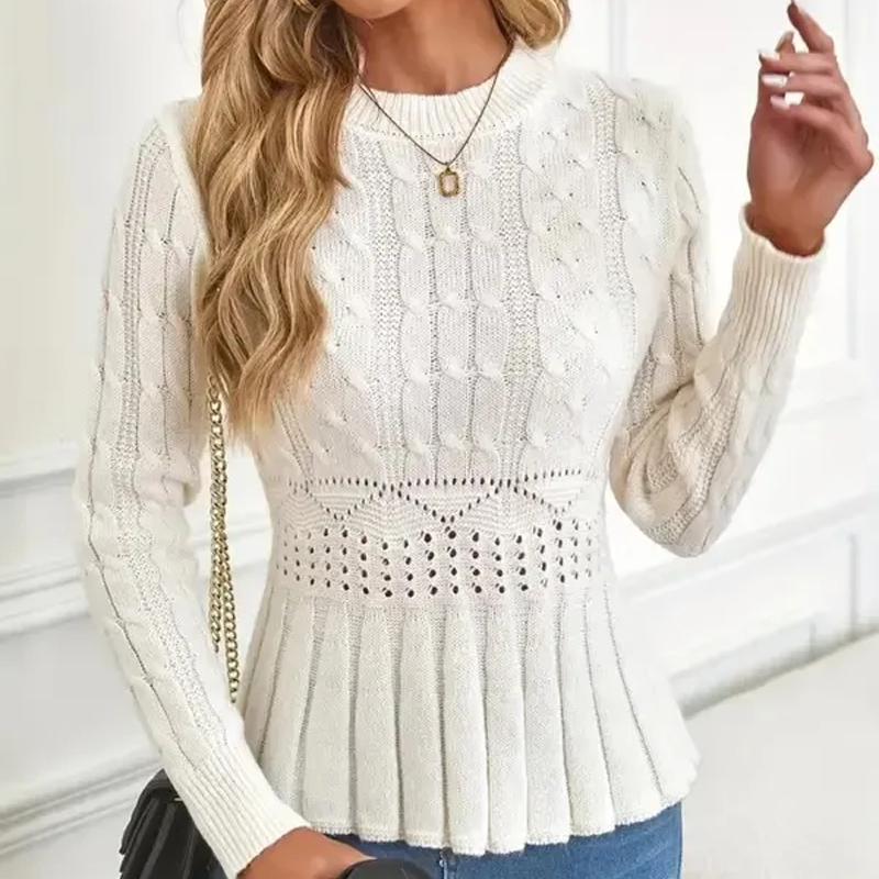 Pull à Col Rond en Grosse Maille avec Bas Péplum pour Femme