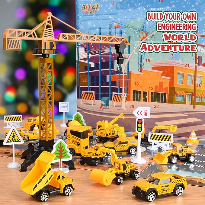 🚗Calendrier de l'Avent pour garçons : ensembles de véhicules de chantier en alliage