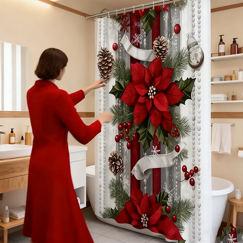 🔥Impression en relief🔥 Rideau de Douche Noël Rouge - Motifs Festifs, Ourlet Lesté, Installation Express 🎄🚿