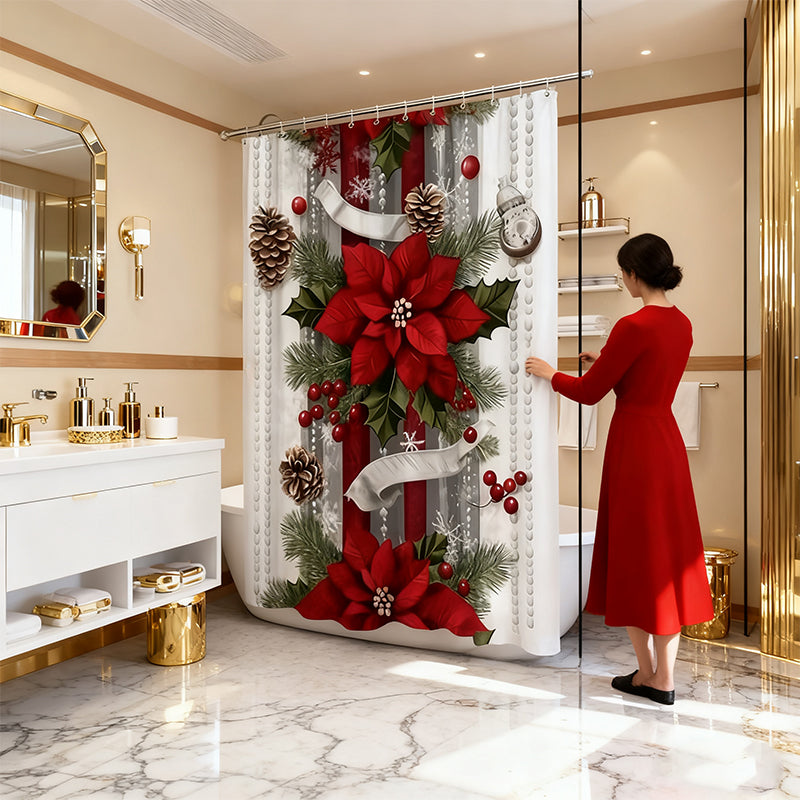 🔥Impression en relief🔥 Rideau de Douche Noël Rouge - Motifs Festifs, Ourlet Lesté, Installation Express 🎄🚿