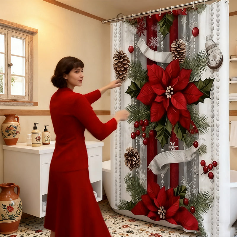 🔥Impression en relief🔥 Rideau de Douche Noël Rouge - Motifs Festifs, Ourlet Lesté, Installation Express 🎄🚿