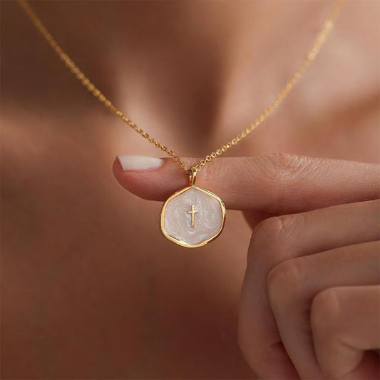 ✨Collier Croix Minimaliste en Acier Inoxydable – Émail Nacré, Hypoallergénique, 3 Couleurs Douces