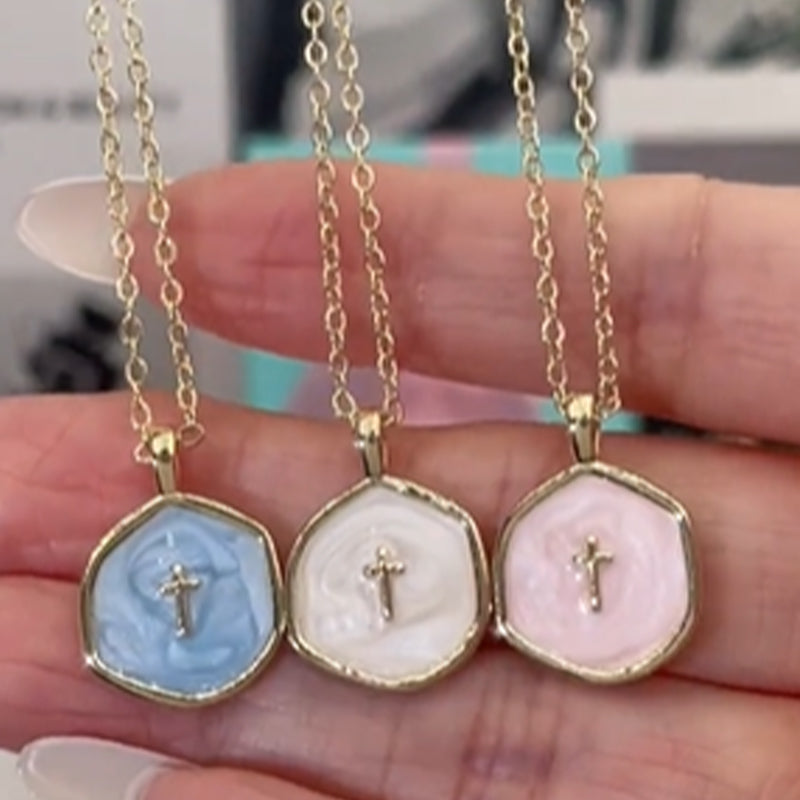 ✨Collier Croix Minimaliste en Acier Inoxydable – Émail Nacré, Hypoallergénique, 3 Couleurs Douces