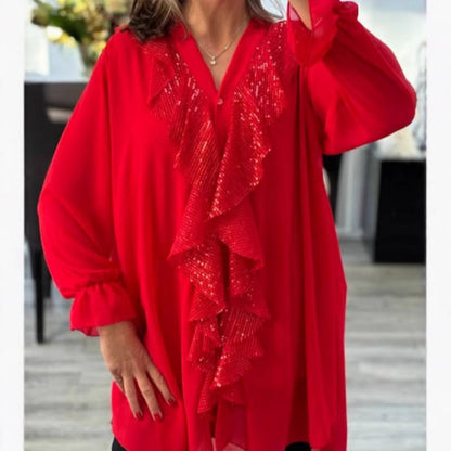 💖Chemise à manches longues à col en V en mousseline et paillettes pour femmes