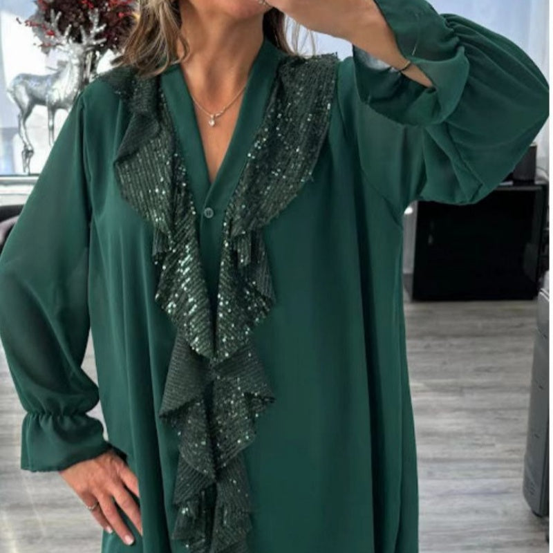💖Chemise à manches longues à col en V en mousseline et paillettes pour femmes