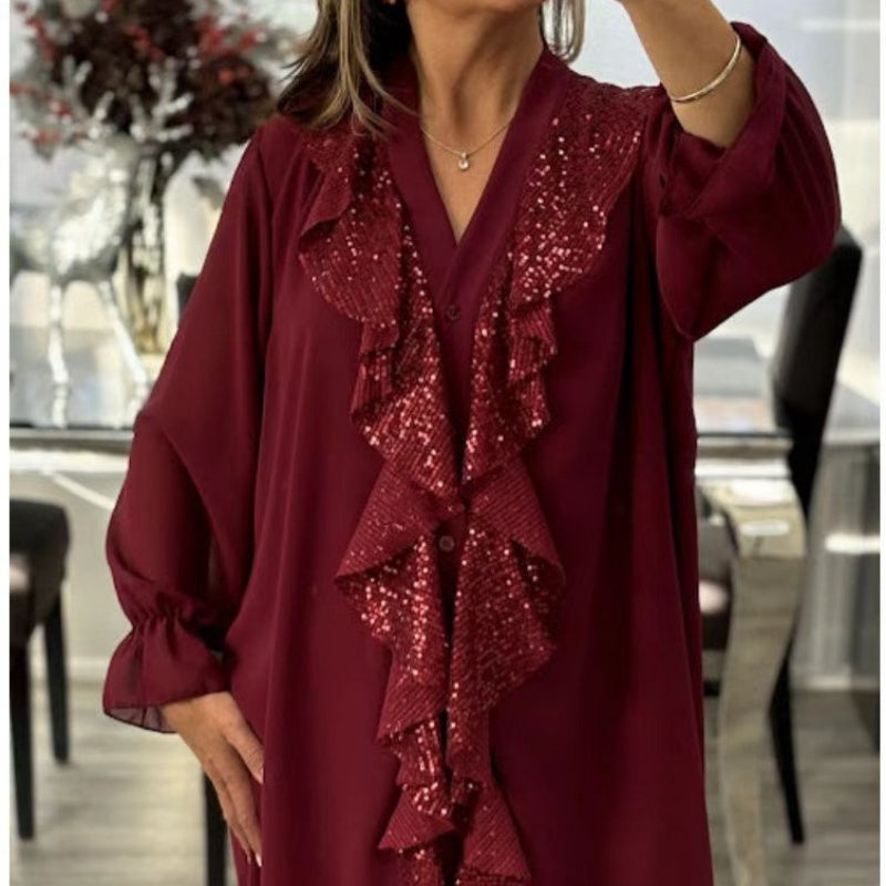💖Chemise à manches longues à col en V en mousseline et paillettes pour femmes