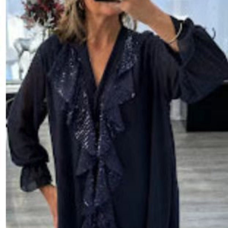 💖Chemise à manches longues à col en V en mousseline et paillettes pour femmes