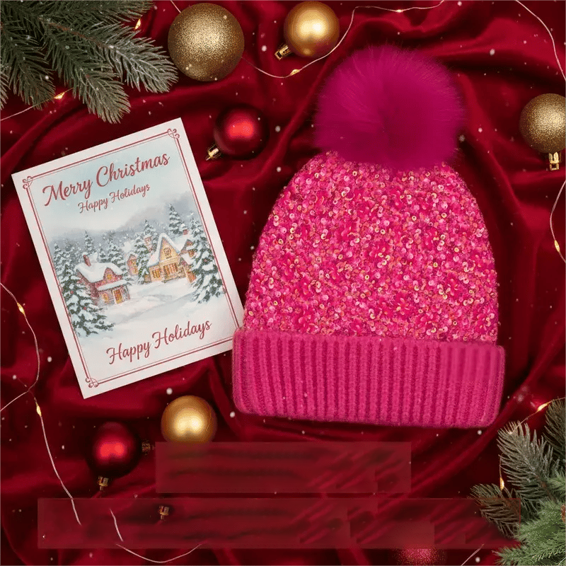 📢50% DE RÉDUCTION✨Bonnet d’Hiver à Pompon & Paillettes Scintillantes – Fausse Fourrure Douce, Ajustement Élastique & Éclat Festif Instantané⚡