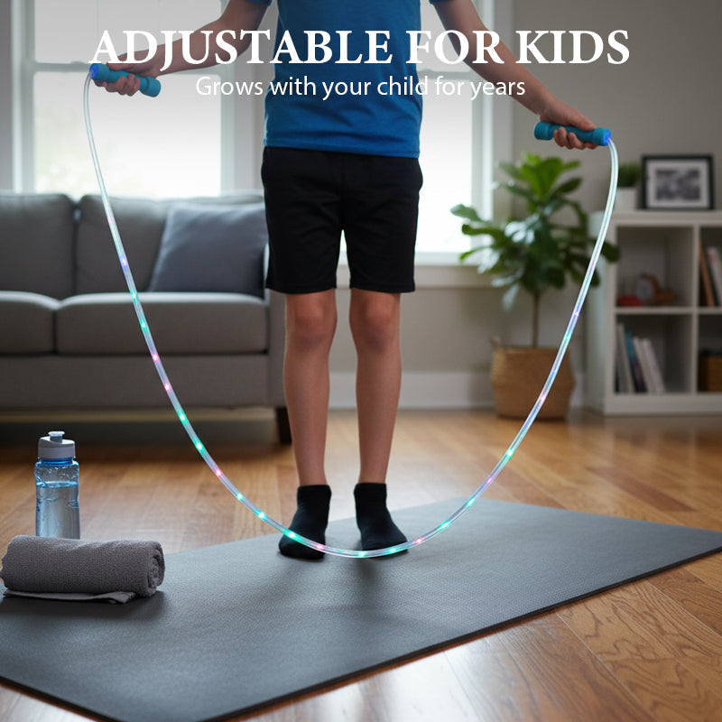 🏅Corde à sauter lumineuse LED pour enfants – 3 modes d’éclairage, longueur réglable & poignées antidérapantes 👧
