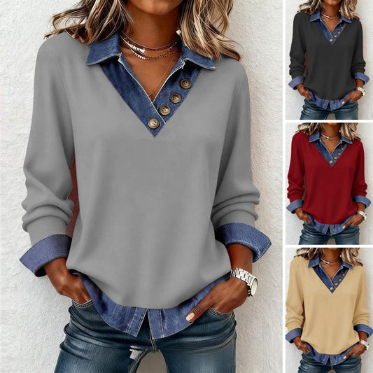 Top patchwork effet deux-pièces avec col en denim pour femme