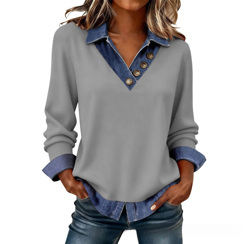Top patchwork effet deux-pièces avec col en denim pour femme