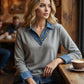 Top patchwork effet deux-pièces avec col en denim pour femme