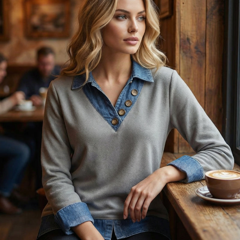 Top patchwork effet deux-pièces avec col en denim pour femme