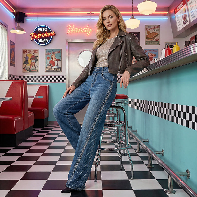 🎉50% DE RÉDUCTION✨Jean Large à Jambes Larges pour Femme avec Strass👖Élégance, Confort & Silhouette Allongée🔥