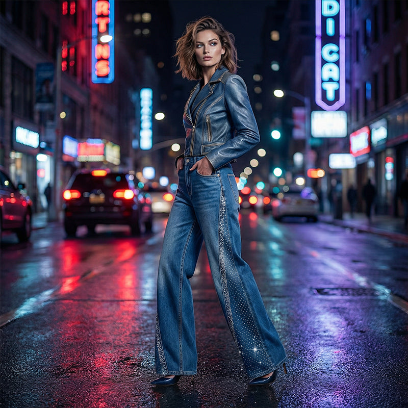 🎉50% DE RÉDUCTION✨Jean Large à Jambes Larges pour Femme avec Strass👖Élégance, Confort & Silhouette Allongée🔥