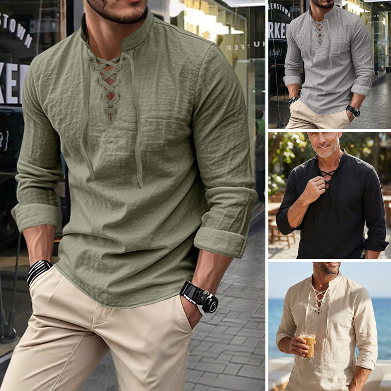 🔥Chemise unie en lin et coton mélangés pour homme