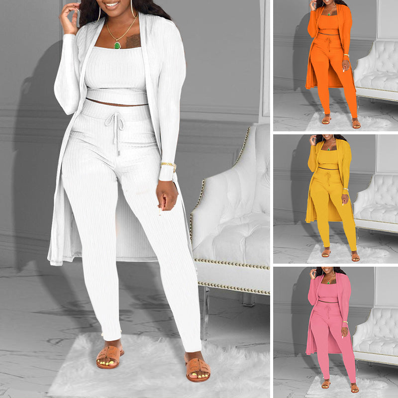 ⏳Spécial à durée limitée⏰Ensemble décontracté 3 pièces en tricot – Haut court, cardigan long et pantalon ajusté🧥👚👖