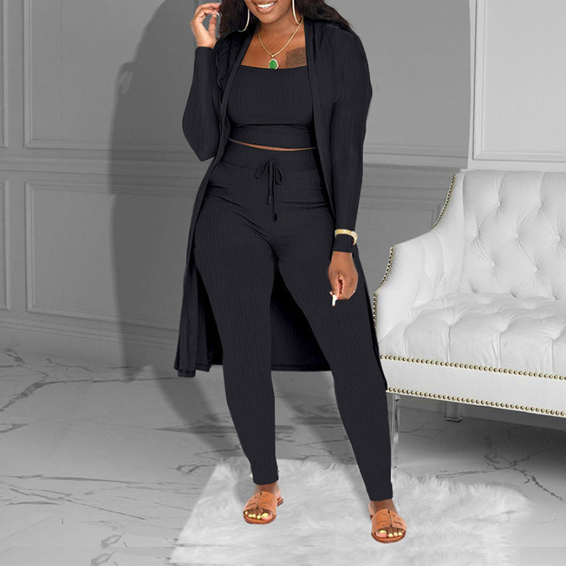 ⏳Spécial à durée limitée⏰Ensemble décontracté 3 pièces en tricot – Haut court, cardigan long et pantalon ajusté🧥👚👖