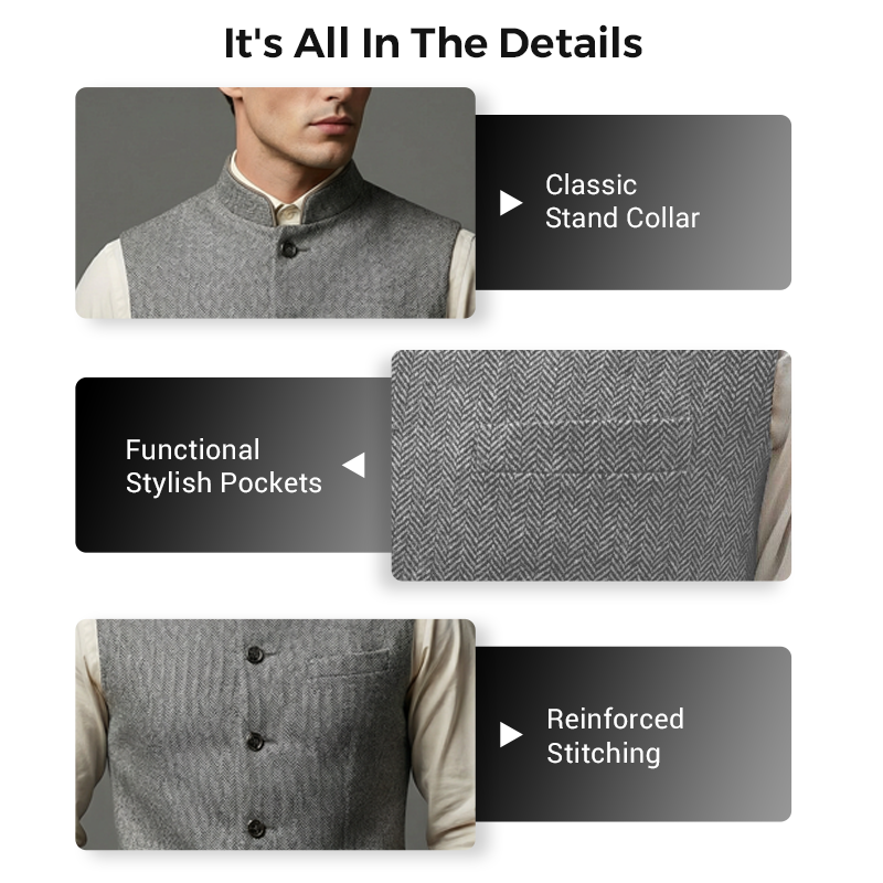 👔 60% DE RÉDUCTION! 💎 Gilet à Chevrons pour Homme avec Col Montant – Coupe Structurée, Tissu Texturé & Poches Fonctionnelles ⚫