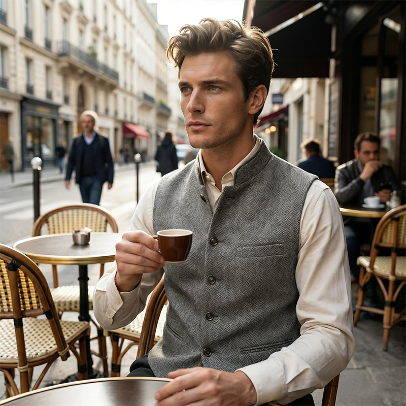 👔 60% DE RÉDUCTION! 💎 Gilet à Chevrons pour Homme avec Col Montant – Coupe Structurée, Tissu Texturé & Poches Fonctionnelles ⚫