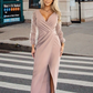 💎 50% DE RÉDUCTION! 💎 Robe de Soirée Élégante à Col en V et Manches Longues – Paillettes Scintillantes & Fente Dramatique 🌟💃