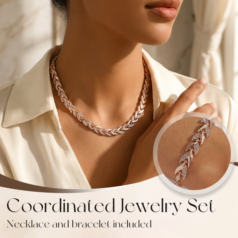 💎 50% DE RÉDUCTION ! 💎 Ensemble Collier & Bracelet à Feuilles en Strass – Design Naturel Élégant, Ajustable & Luxueux ✨🌿